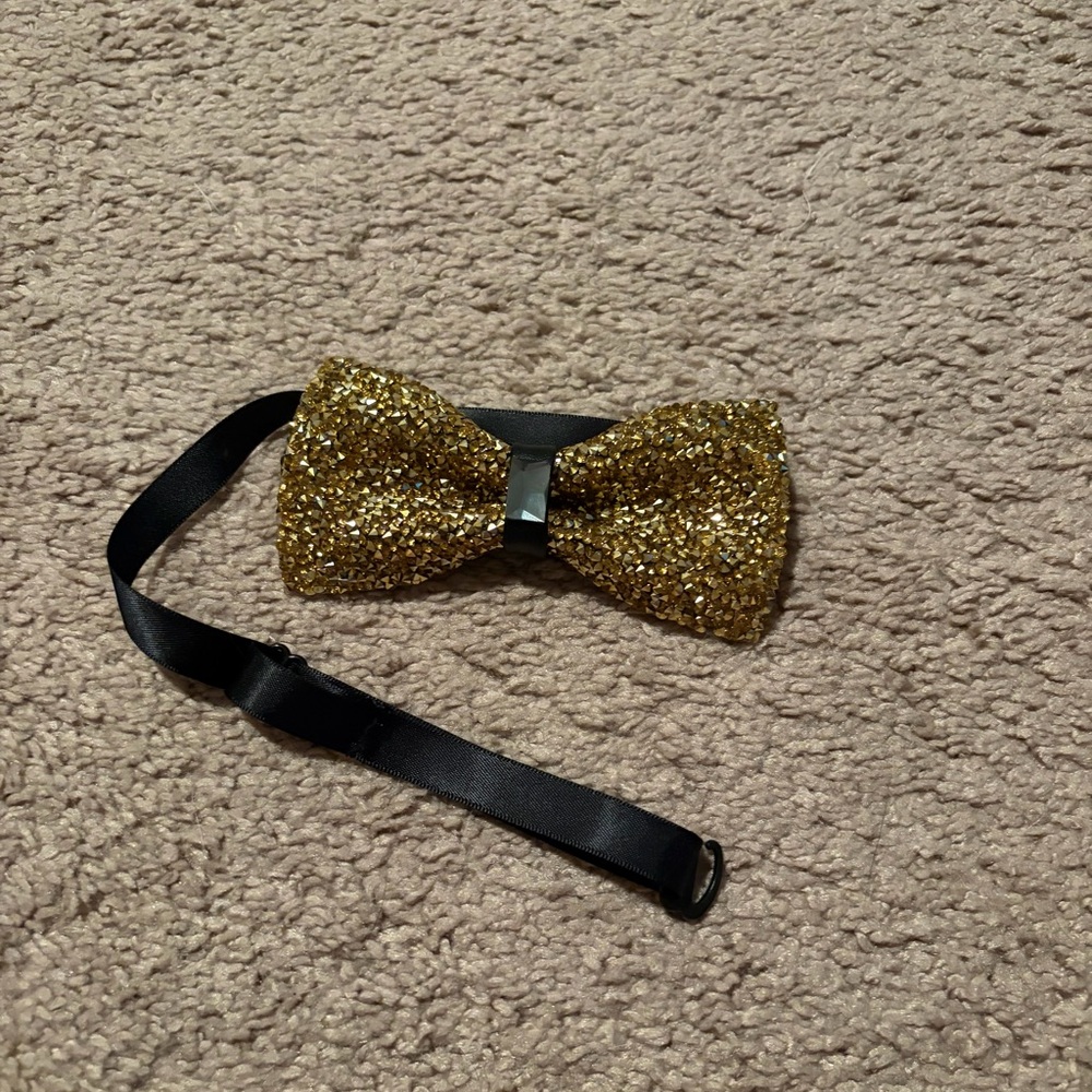 Gold Crystal Bow Tie with Black Strap